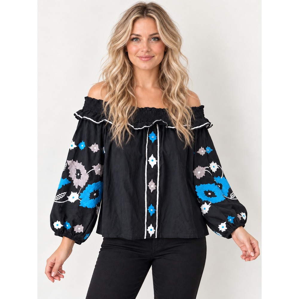 MISA Los Angeles Black Blue Embroidered Off Shoulder Cotton Ruffle Boho Blouse S